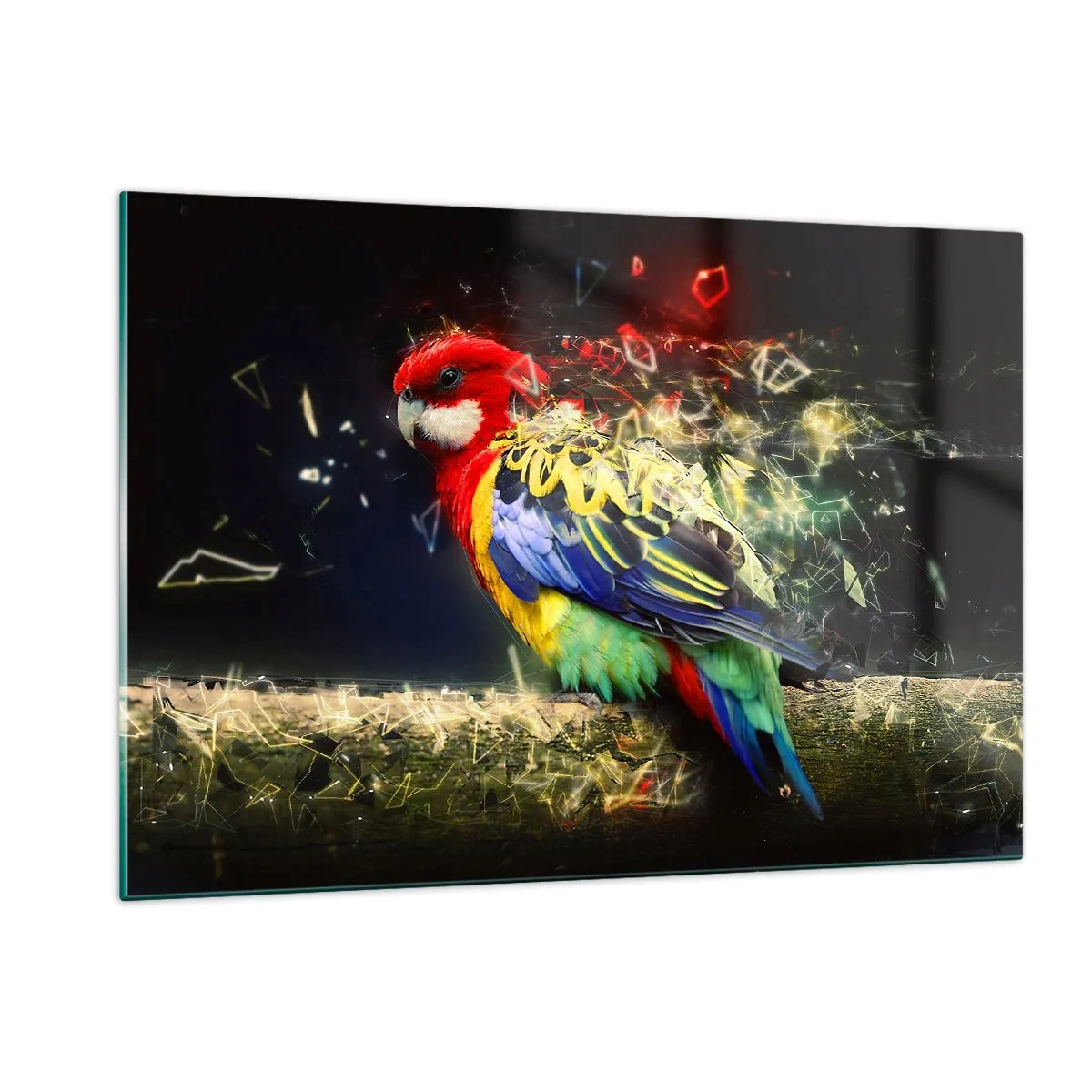 Impression sur verre - Image sur verre - Un perroquet coloré dans une composition artistique avec un effet éclatant - 120x80cm - Messager d'éclat - Décoration murale moderne pour le salon et la chambre ARTTOR