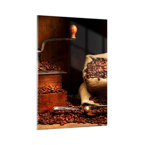 Impression sur verre - Image sur verre - Un vieux moulin à café avec des grains et un sac dans un style rustique. - 80x120cm - Nature morte avec grains de café et moulin - Décoration murale moderne pour le salon et la chambre ARTTOR