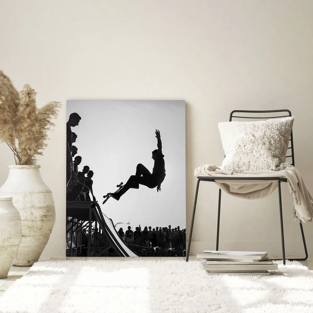 Impression sur verre - Image sur verre - Scène de skateboard en noir et blanc sur une rampe - 70x100cm - Héros et spectateurs - Décoration murale moderne pour le salon et la chambre ARTTOR