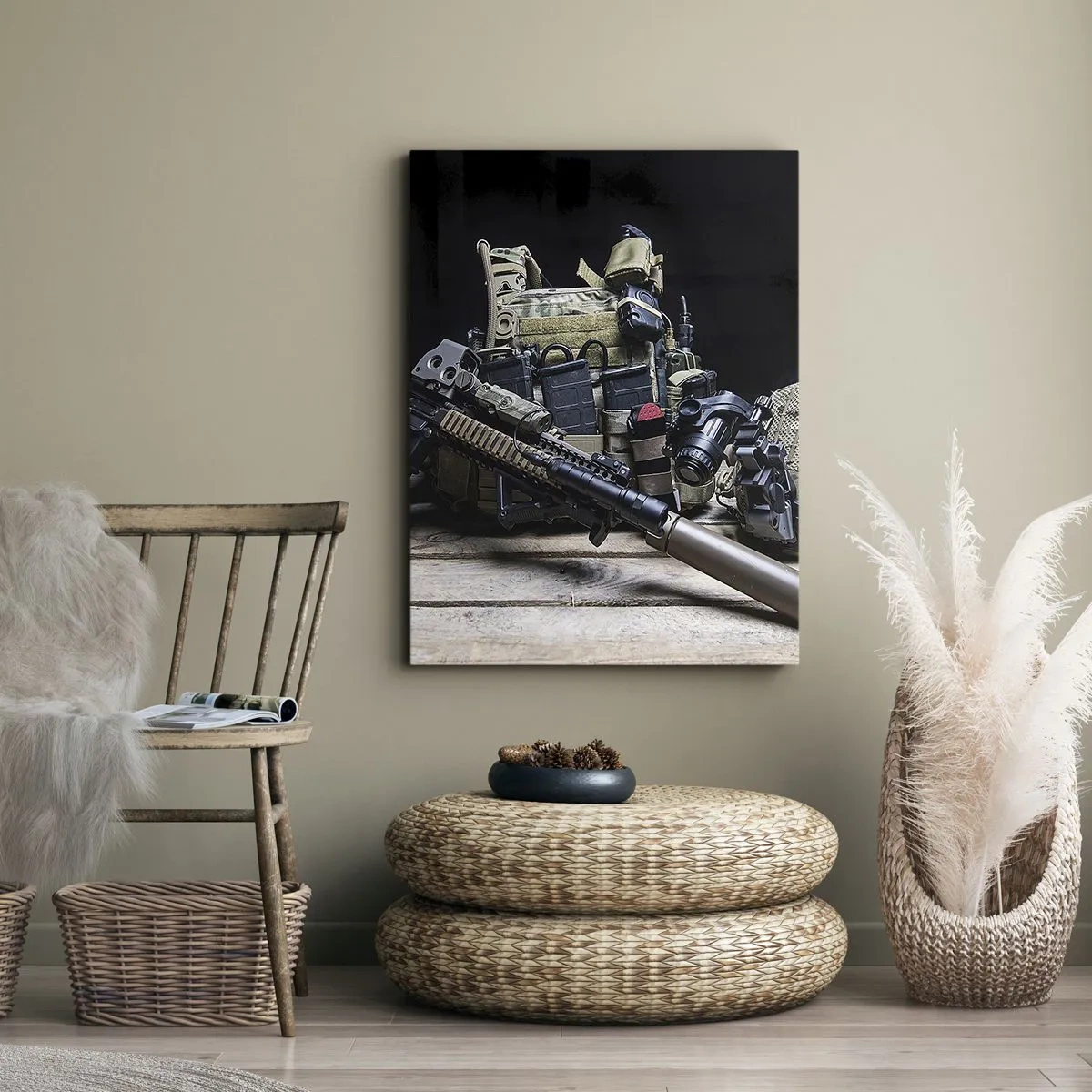 Impression sur toile - Image sur toile - Équipement tactique avec un fusil sur une table en bois - 50x70cm - Se reposer! - Décoration murale moderne pour le salon et la chambre ARTTOR