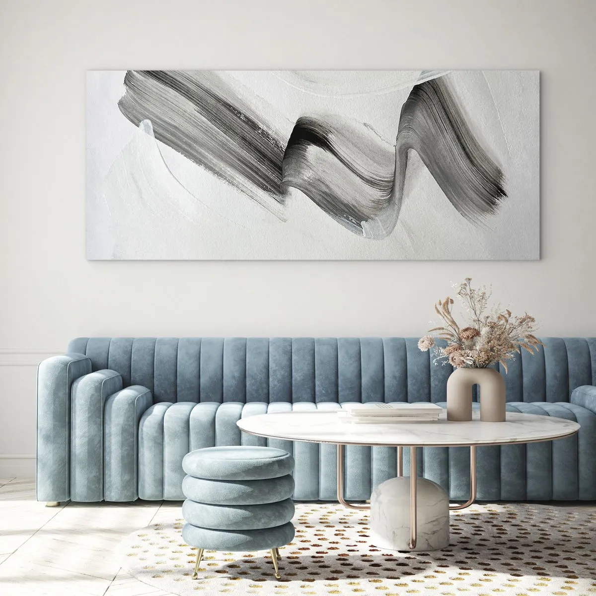 Impression sur verre - Image sur verre - Coup de pinceau abstrait noir et blanc sur fond clair - 120x50cm - Mine de rien pour s'amuser - Décoration murale moderne pour le salon et la chambre ARTTOR