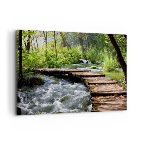 Impression sur toile - Image sur toile - Un pont en bois sur un ruisseau tumultueux entouré par la verdure de la forêt. - 120x80cm - Au-dessus de la cascade mousseuse - Décoration murale moderne pour le salon et la chambre ARTTOR