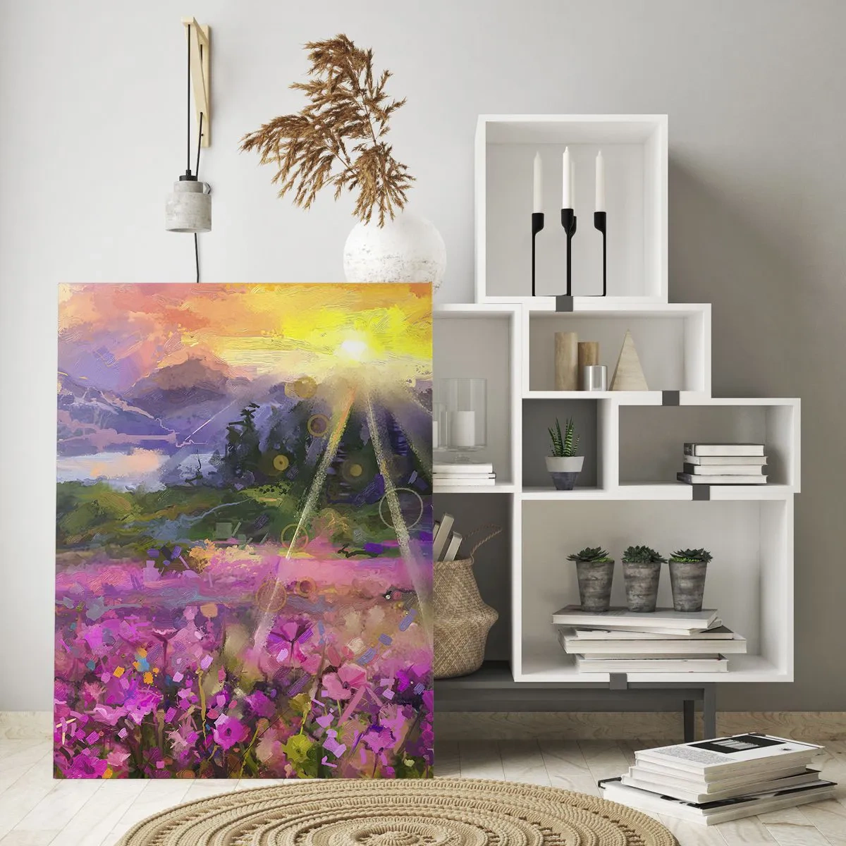 Impression sur verre - Image sur verre - Une vallée pittoresque pleine de fleurs illuminées par les rayons du soleil - 50x70cm - Dans la vallée à l'abri du soleil - Décoration murale moderne pour le salon et la chambre ARTTOR