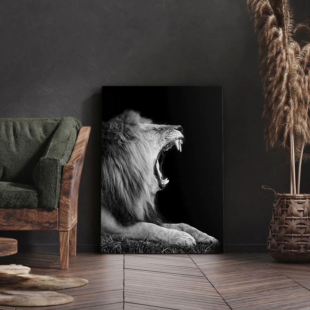 Impression sur toile - Image sur toile - Un lion rugissant sur fond noir dans des tons noir et blanc - 50x70cm - Sans aucun doute - Décoration murale moderne pour le salon et la chambre ARTTOR