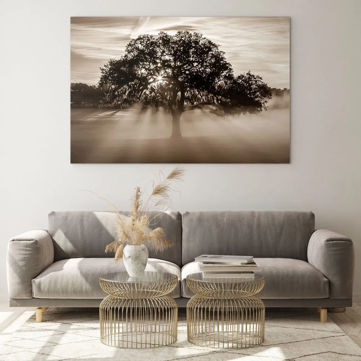 Impression sur verre - Image sur verre - Un arbre dans le brouillard matinal avec les rayons du soleil qui brillent à travers les branches - 100x70cm - Arbre de bonnes nouvelles - Décoration murale moderne pour le salon et la chambre ARTTOR