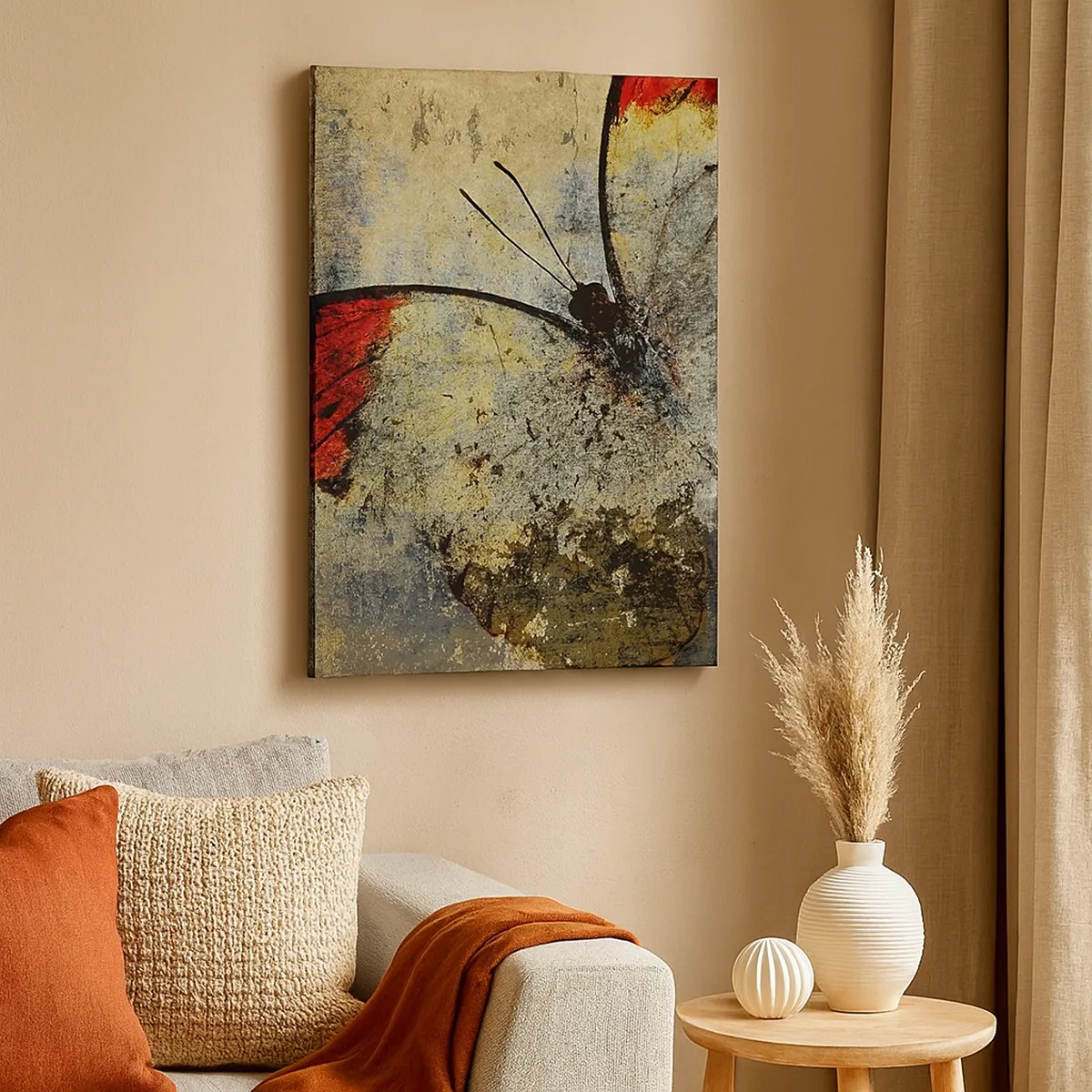 Impression sur toile - Image sur toile - Un papillon dans les tons de rouge et de gris sur un fond texturé - 50x70cm - Regarde avant que je disparaisse - Décoration murale moderne pour le salon et la chambre ARTTOR