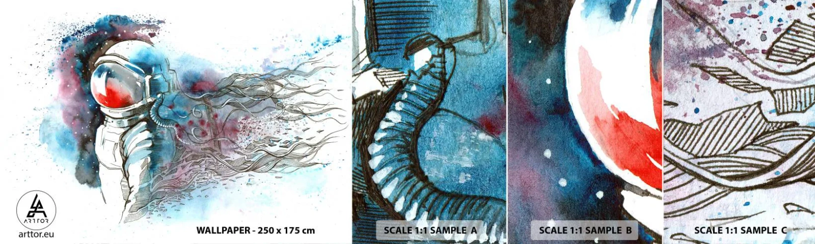 Échantillon de Papier Peint Autocollant Deluxe Sticker - Seul avec l'espace - Astronaute, Cosmonaute, Abstraction - 100x30 cm