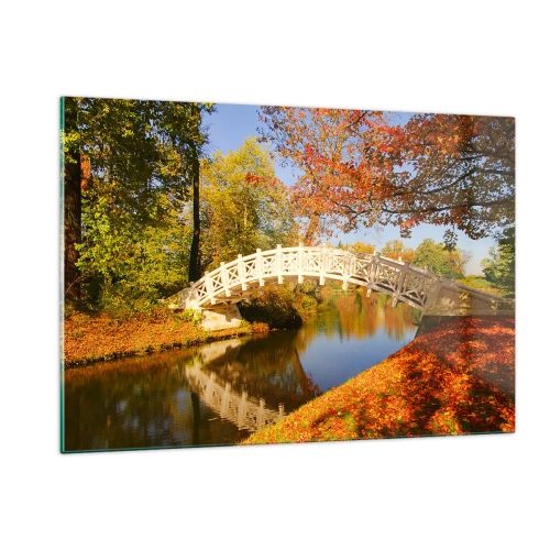 Impression sur verre - Image sur verre - Un pont en bois sur une rivière entourée de couleurs d'automne - 120x80cm - Sur le pont blanc des soupirs - Décoration murale moderne pour le salon et la chambre ARTTOR