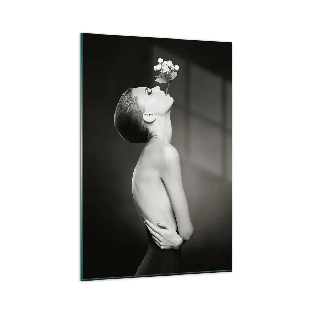 Impression sur verre - Image sur verre - Silhouette noire et blanche d'une femme avec une fleur - 80x120cm - Elégance excentrique - Décoration murale moderne pour le salon et la chambre ARTTOR