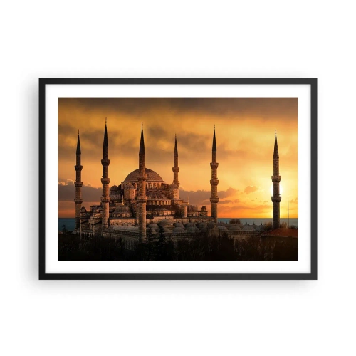 Affiche dans un cadre noir - Poster - La mosquée au coucher du soleil aux couleurs chaudes - 70x50cm - Dieu est grand - Décoration murale moderne pour le salon et la chambre ARTTOR