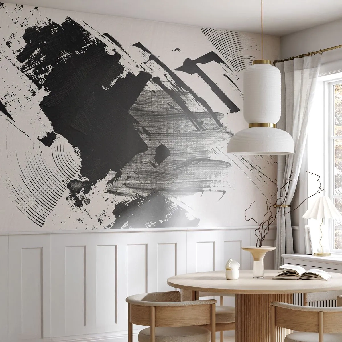 Papier Peint Photo Premium Sand - Coups de pinceau noirs dynamiques sur fond blanc - 100x70cm - Abstraction – expression du noir - Décoration murale moderne pour le salon et la chambre ARTTOR