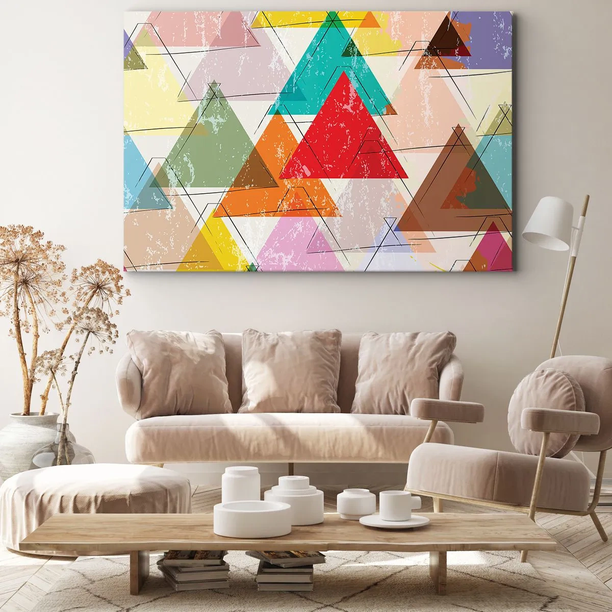 Impression sur toile - Image sur toile - Abstraction colorée avec des triangles géométriques - 70x50cm - Trois par trois - Décoration murale moderne pour le salon et la chambre ARTTOR