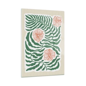 Impression sur verre - Image sur verre - Feuilles vertes et fleurs rouges dans un arrangement graphique - 50x70cm - Fleurit en vert - Décoration murale moderne pour le salon et la chambre ARTTOR
