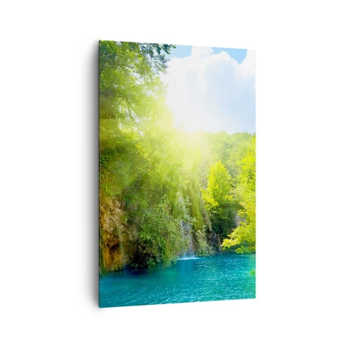 Impression sur toile - Image sur toile - Une cascade se jetant dans un lac turquoise entouré de verdure - 80x120cm - Ce doit être le paradis ici - Décoration murale moderne pour le salon et la chambre ARTTOR