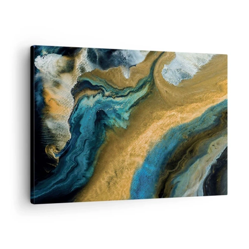 Impression sur toile - Image sur toile - Vagues abstraites dans des tons d'or et de bleu - 70x50cm - Bleu - jaune - influences mutuelles - Décoration murale moderne pour le salon et la chambre ARTTOR