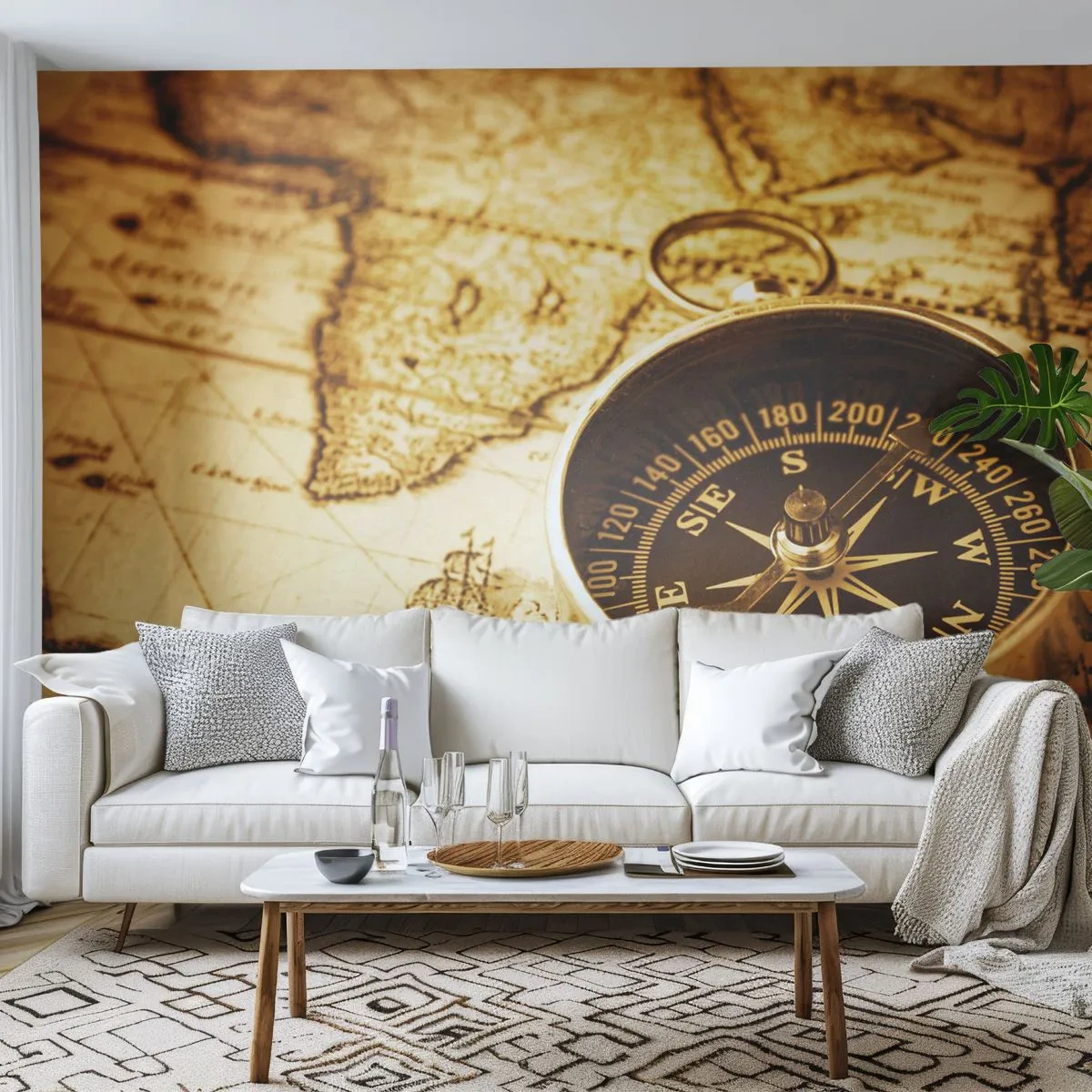 Papier Peint Photo Premium Canvas - Une boussole antique sur fond d'une vieille carte du monde - 100x70cm - Est ou ouest? - Décoration murale moderne pour le salon et la chambre ARTTOR