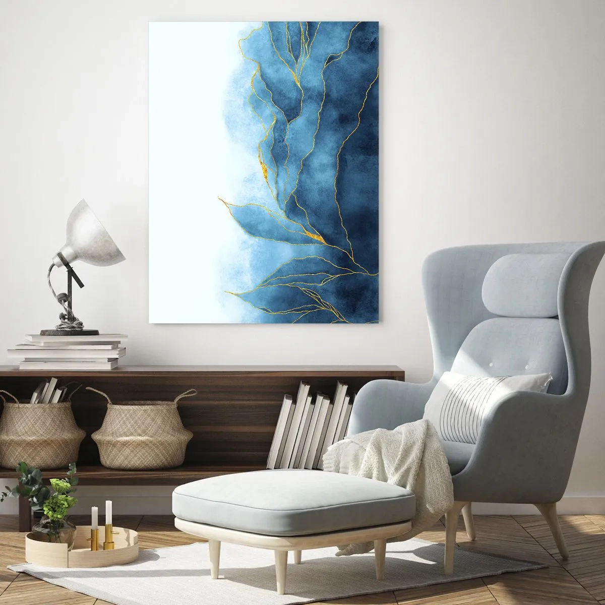 Impression sur verre - Image sur verre - Formes bleues abstraites avec de délicates lignes dorées. - 50x70cm - Bleu doré - Décoration murale moderne pour le salon et la chambre ARTTOR