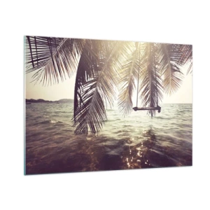 Impression sur verre - Image sur verre - Une plage avec des palmiers et une balançoire sur une mer calme - 100x70cm - Vous pouvez vous balancer dans les nuages 