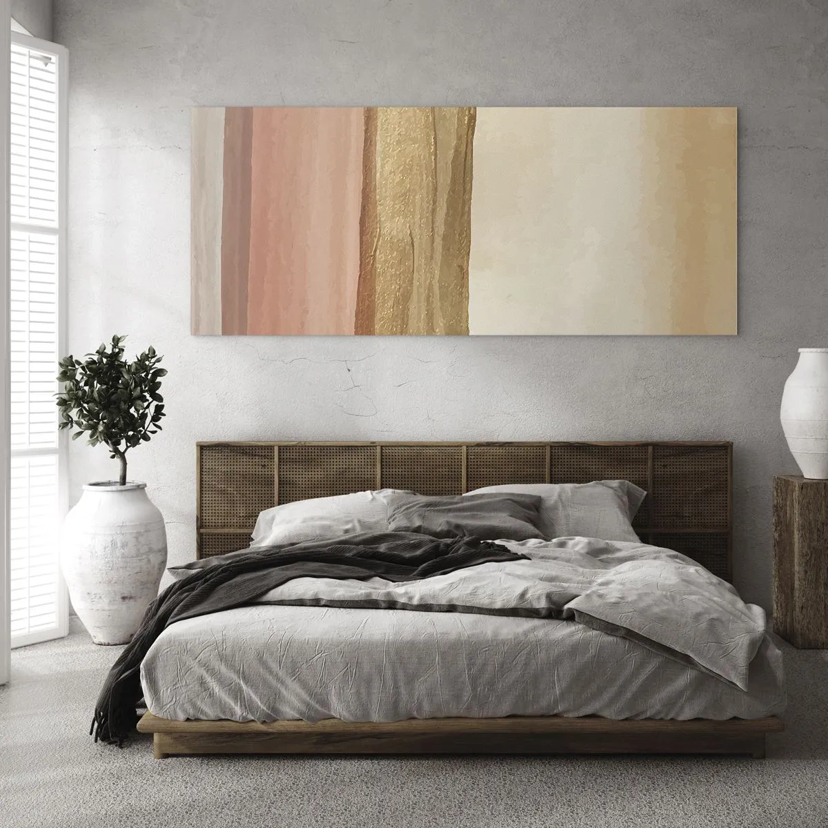 Impression sur verre - Image sur verre - Rayures abstraites dans les tons beige, or et rose sur toile - 120x50cm - Composition verticale - Décoration murale moderne pour le salon et la chambre ARTTOR