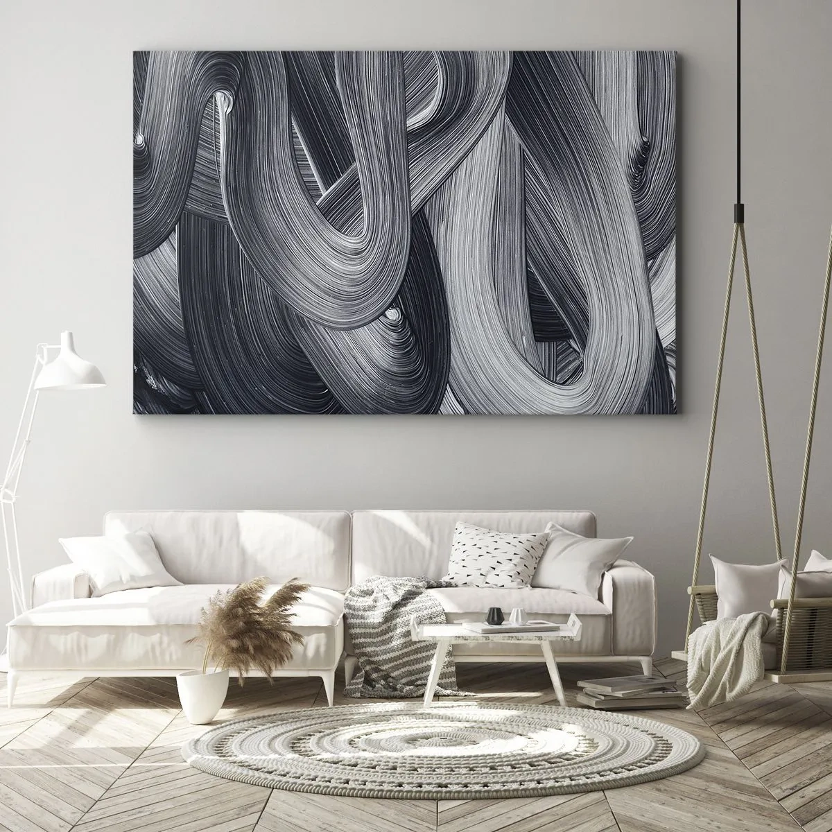 Impression sur toile - Image sur toile - Abstraction en noir et blanc avec des coups de pinceau dynamiques. - 70x50cm - La fluidité de la réalité - Décoration murale moderne pour le salon et la chambre ARTTOR