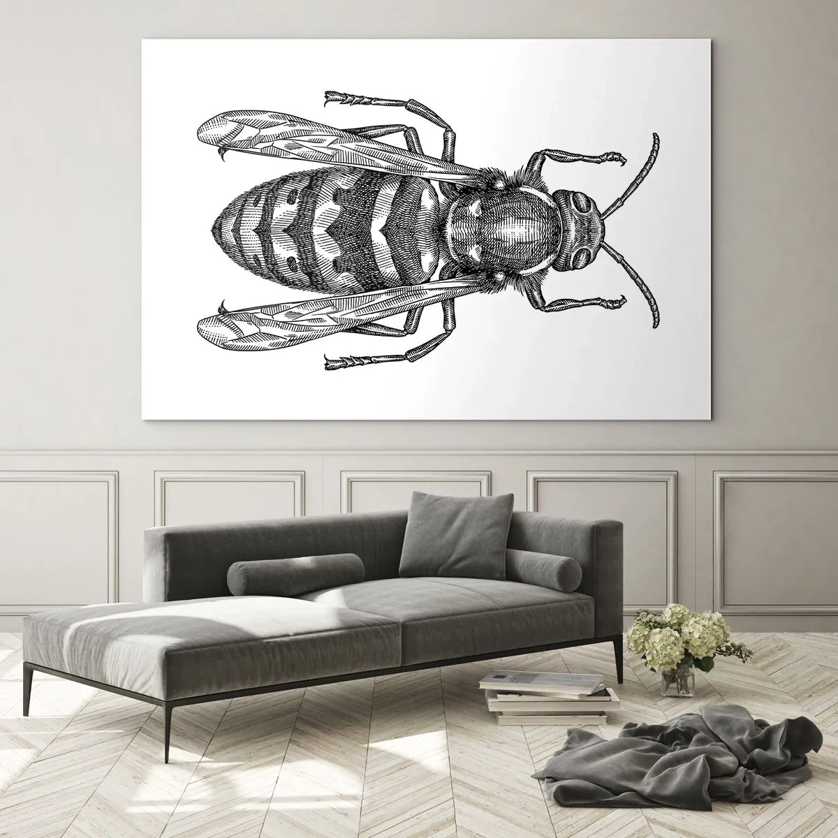 Impression sur verre - Image sur verre - Illustration rétro en noir et blanc d'une guêpe sur fond blanc - 120x80cm - D'une planète d'insectes - Décoration murale moderne pour le salon et la chambre ARTTOR