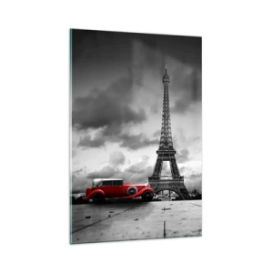 Impression sur verre - Image sur verre - Voiture rétro rouge devant la Tour Eiffel en noir et blanc - 80x120cm - Il n'y a pas si longtemps à Paris - Décoration murale moderne pour le salon et la chambre ARTTOR