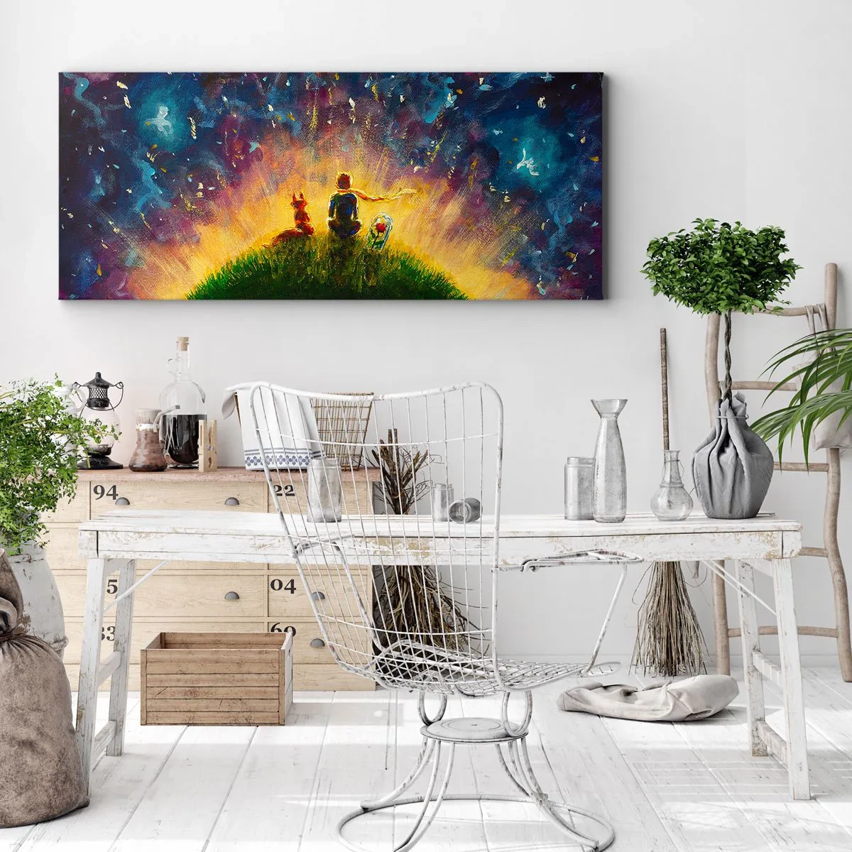 Impression sur toile - Image sur toile - Personnages sur une colline verdoyante entourée d'un ciel étoilé - 120x50cm - Amour et amitié - le monde entier - Décoration murale moderne pour le salon et la chambre ARTTOR