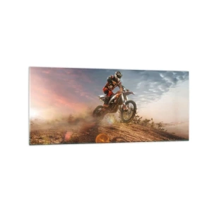 Impression sur verre - Image sur verre - Motocycliste dans les dunes au coucher du soleil - 120x50cm - Pour la victoire - Décoration murale moderne pour le salon et la chambre ARTTOR