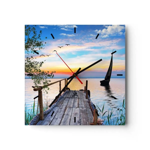 Horloge murale - Pendule murale - Jetée du lac avec bateau et coucher de soleil - 30x30cm - Bonsoir! - Décoration murale moderne pour le salon et la chambre ARTTOR