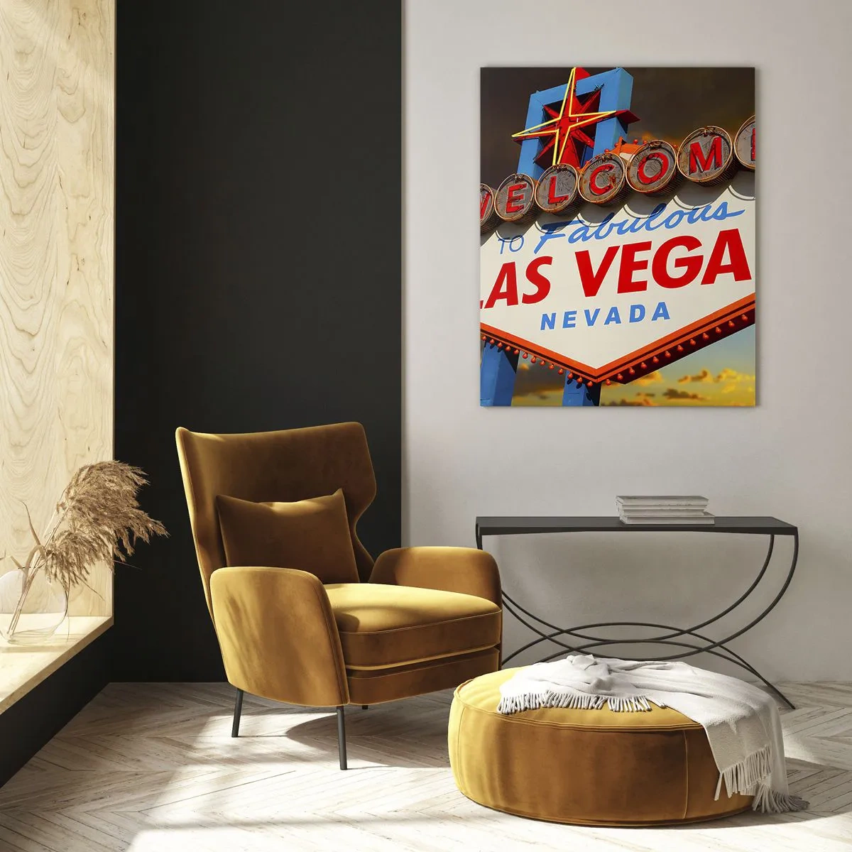 Impression sur verre - Image sur verre - Panneau de bienvenue à Las Vegas contre le soleil couchant - 50x70cm - Après un sourire du destin - Décoration murale moderne pour le salon et la chambre ARTTOR