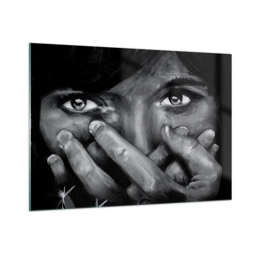 Impression sur verre - Image sur verre - Un portrait en noir et blanc avec un regard émotionnel - 100x70cm - Je ne dirai pas qui a peint - Décoration murale moderne pour le salon et la chambre ARTTOR
