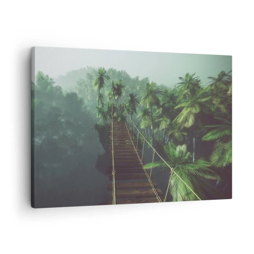 Impression sur toile - Image sur toile - Un pont suspendu dans une forêt tropicale entourée de brouillard. - 70x50cm - Au fil de la verdure - Décoration murale moderne pour le salon et la chambre ARTTOR