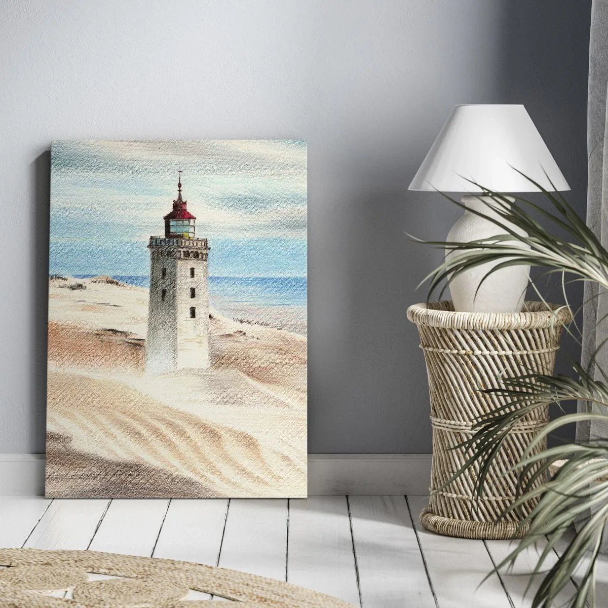 Impression sur toile - Image sur toile - Un phare entouré de dunes de sable et d'un ciel bleu - 50x70cm - Toujours regarder la mer - Décoration murale moderne pour le salon et la chambre ARTTOR