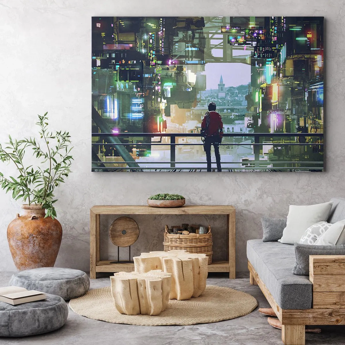 Impression sur toile - Image sur toile - Une silhouette dans une ville futuriste avec des néons - 120x80cm - Deux mondes - Décoration murale moderne pour le salon et la chambre ARTTOR