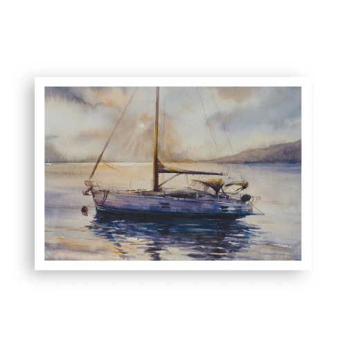 Affiche - Poster - Un yacht sur une mer calme au coucher du soleil - 100x70cm - Soirée sur la baie - Décoration murale moderne pour le salon et la chambre ARTTOR