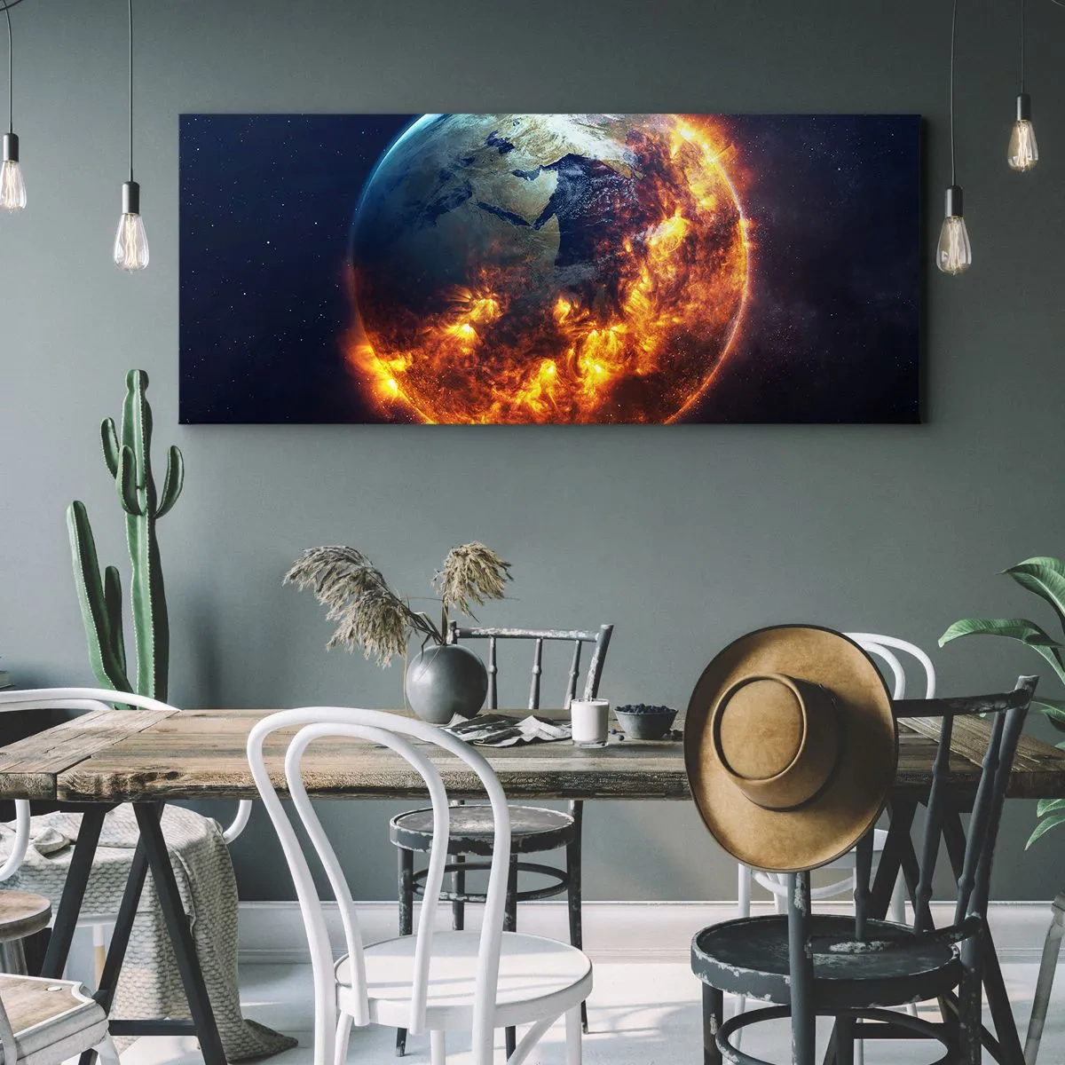 Impression sur toile - Image sur toile - La planète Terre en feu dans l'espace - 160x50cm - La flamme de l'apocalypse - Décoration murale moderne pour le salon et la chambre ARTTOR