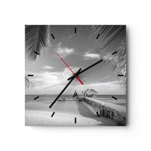 Horloge murale - Pendule murale - Plage noire et blanche avec jetée et palmiers sur une côte tropicale - 30x30cm - Souvenirs ou rêve? - Décoration murale moderne pour le salon et la chambre ARTTOR
