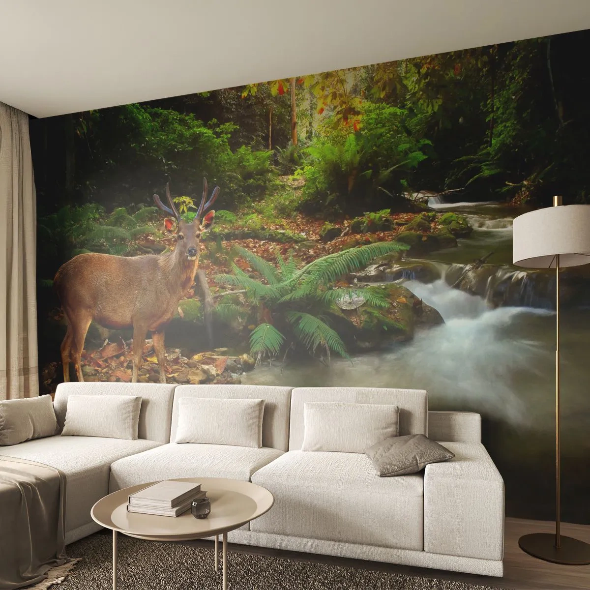 Papier Peint Photo Premium Sand - Un cerf près d'un ruisseau dans une forêt tropicale dense - 100x70cm - Bienvenue dans mon monde - Décoration murale moderne pour le salon et la chambre ARTTOR