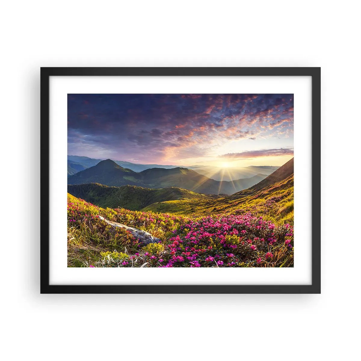 Affiche dans un cadre noir - Poster - Fraîcheur matinale en montagne - 50x40 cm