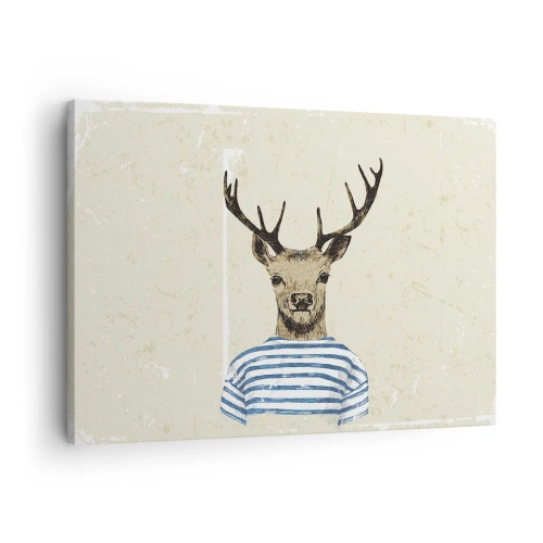 Impression sur toile - Image sur toile - Un cerf en chemise rayée sur un fond clair avec une texture délicate - 70x50cm - Parce que j'aime les chemises rayées - Décoration murale moderne pour le salon et la chambre ARTTOR