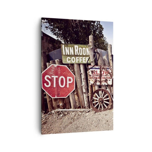 Impression sur toile - Image sur toile - Décorations rustiques avec des panneaux et une roue sur la clôture - 70x100cm - Et le temps s'est arrêté - Décoration murale moderne pour le salon et la chambre ARTTOR