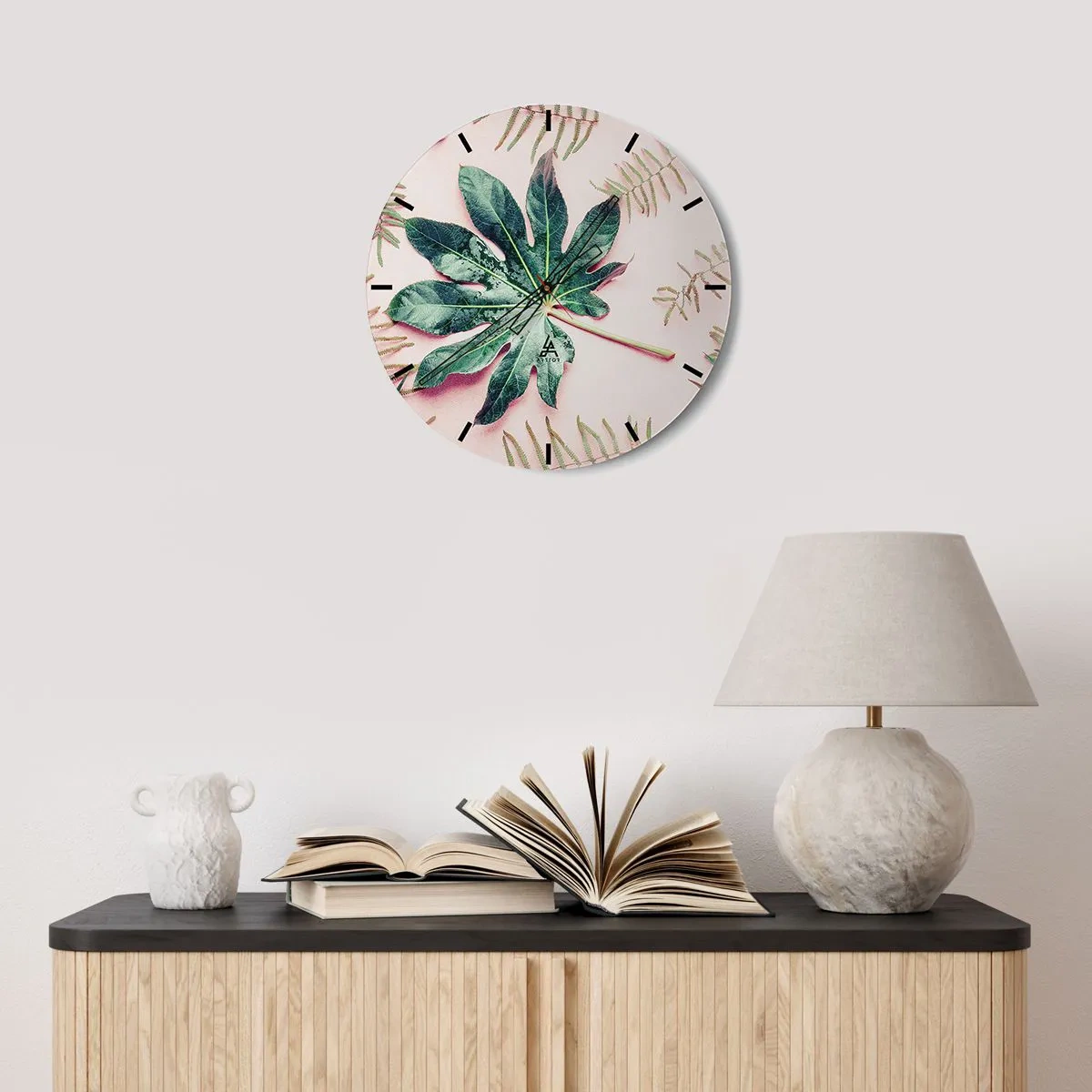 Horloge murale - Pendule murale - Étude de verdure sur fond rose - 30x30 cm
