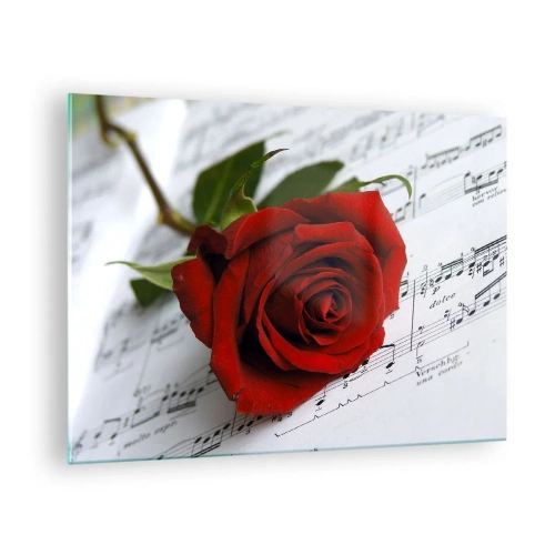 Impression sur verre - Image sur verre - Une rose rouge sur un fond de notes de musique - 70x50cm - Musique des sentiments en écarlate - Décoration murale moderne pour le salon et la chambre ARTTOR