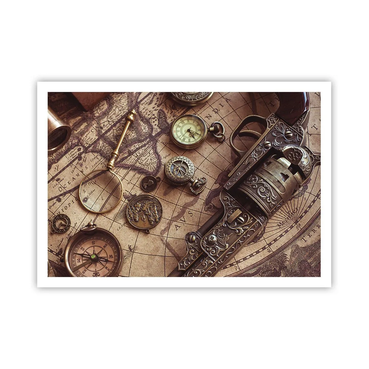 Affiche - Poster - Objets anciens sur une vieille carte dans un style rétro - 100x70cm - L'aventure appelle - Décoration murale moderne pour le salon et la chambre ARTTOR