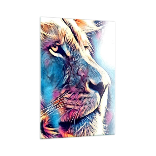 Impression sur verre - Image sur verre - Portrait d'un lion aux couleurs vives et abstraites - 70x100cm - L'intelligence de la nature - Décoration murale moderne pour le salon et la chambre ARTTOR