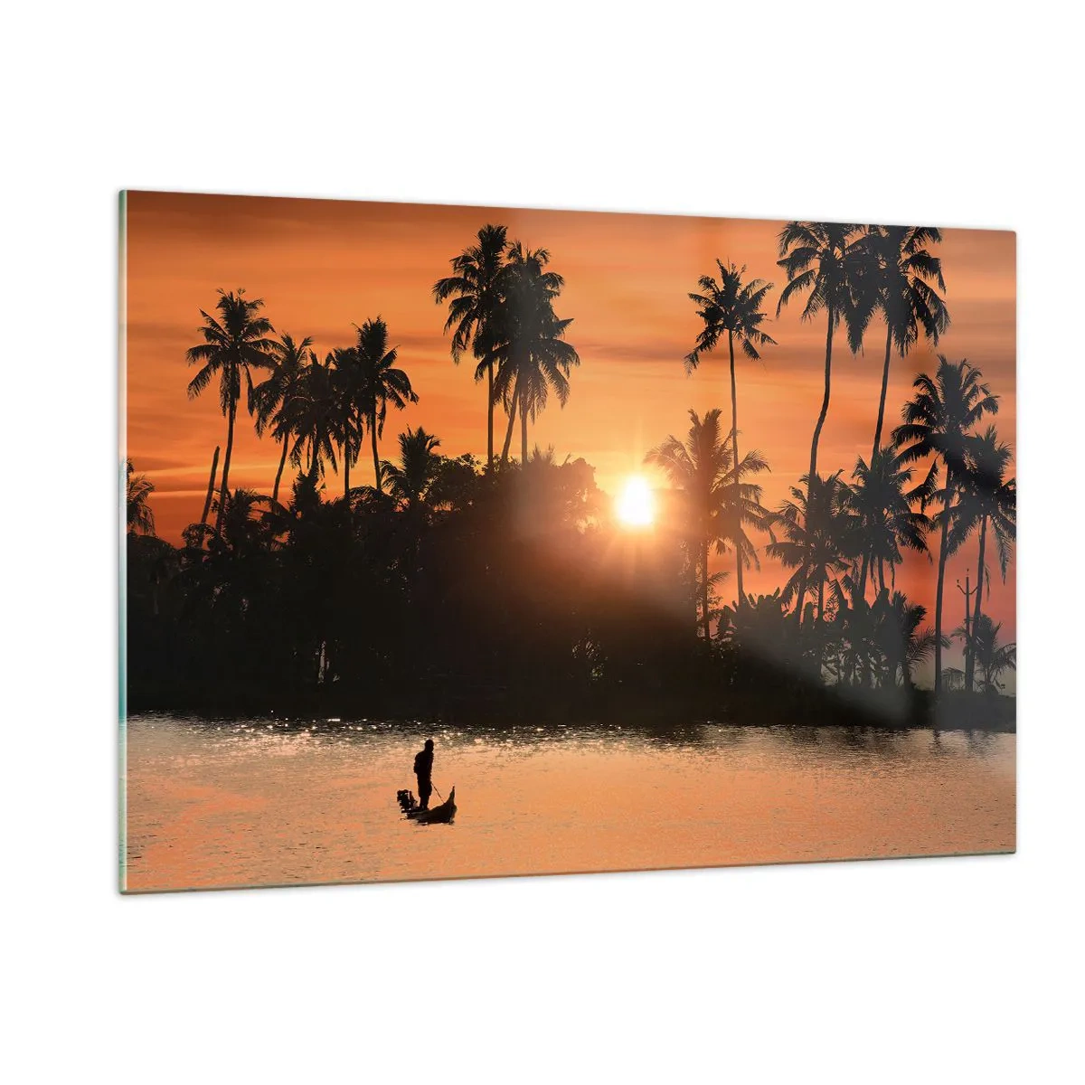 Impression sur verre - Image sur verre - Paysage tropical avec palmiers et coucher de soleil sur la rivière - 120x80cm - Il est temps de se détendre - Décoration murale moderne pour le salon et la chambre ARTTOR
