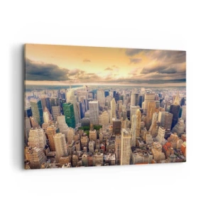 Impression sur toile - Image sur toile - Panorama de la ville avec vue sur les gratte-ciels au coucher du soleil - 100x70cm - Métropole dorée - Décoration murale moderne pour le salon et la chambre ARTTOR