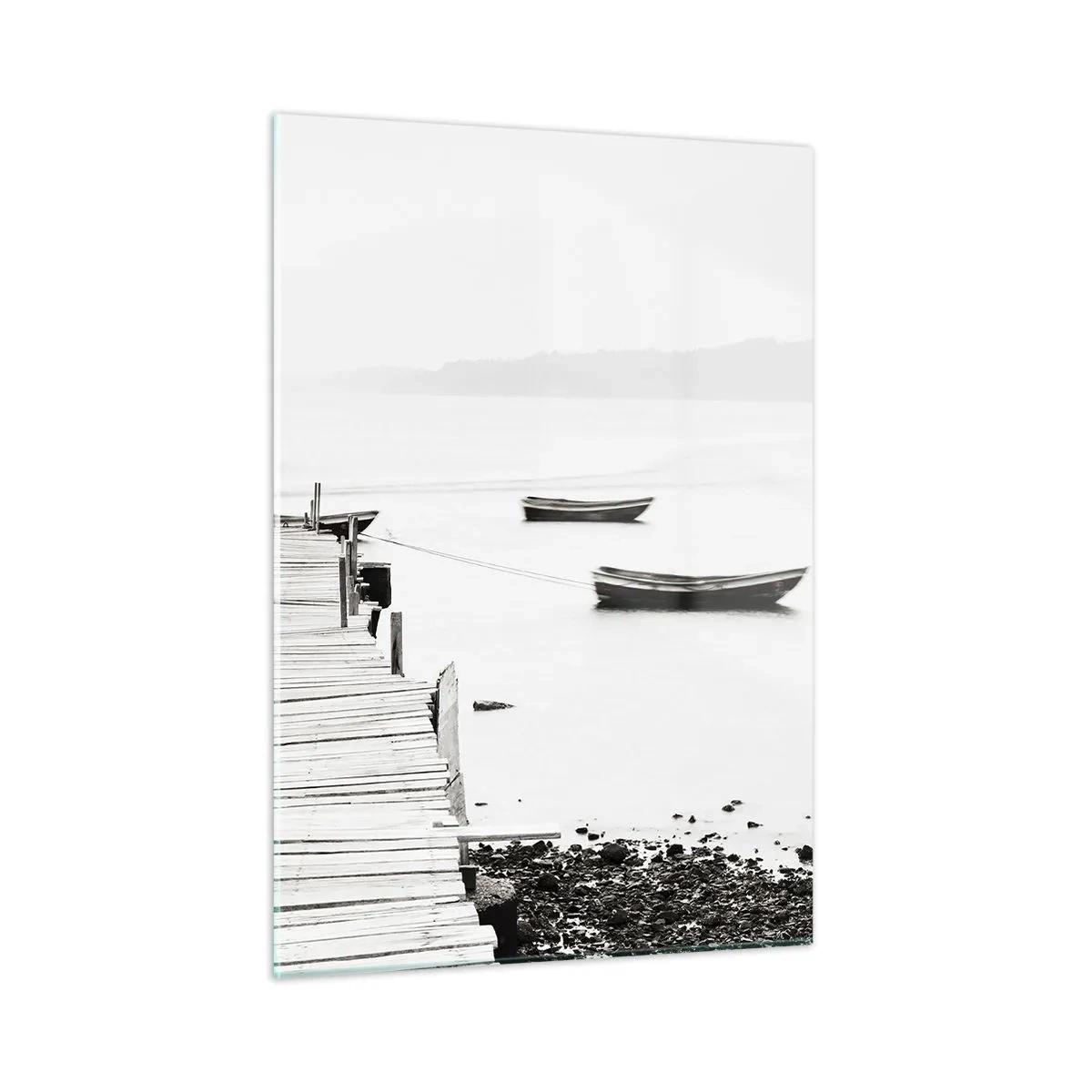 Impression sur verre - Image sur verre - Vue en noir et blanc d'une jetée en bois sur un lac - 50x70cm - Calme et propre au bord de l'eau - Décoration murale moderne pour le salon et la chambre ARTTOR
