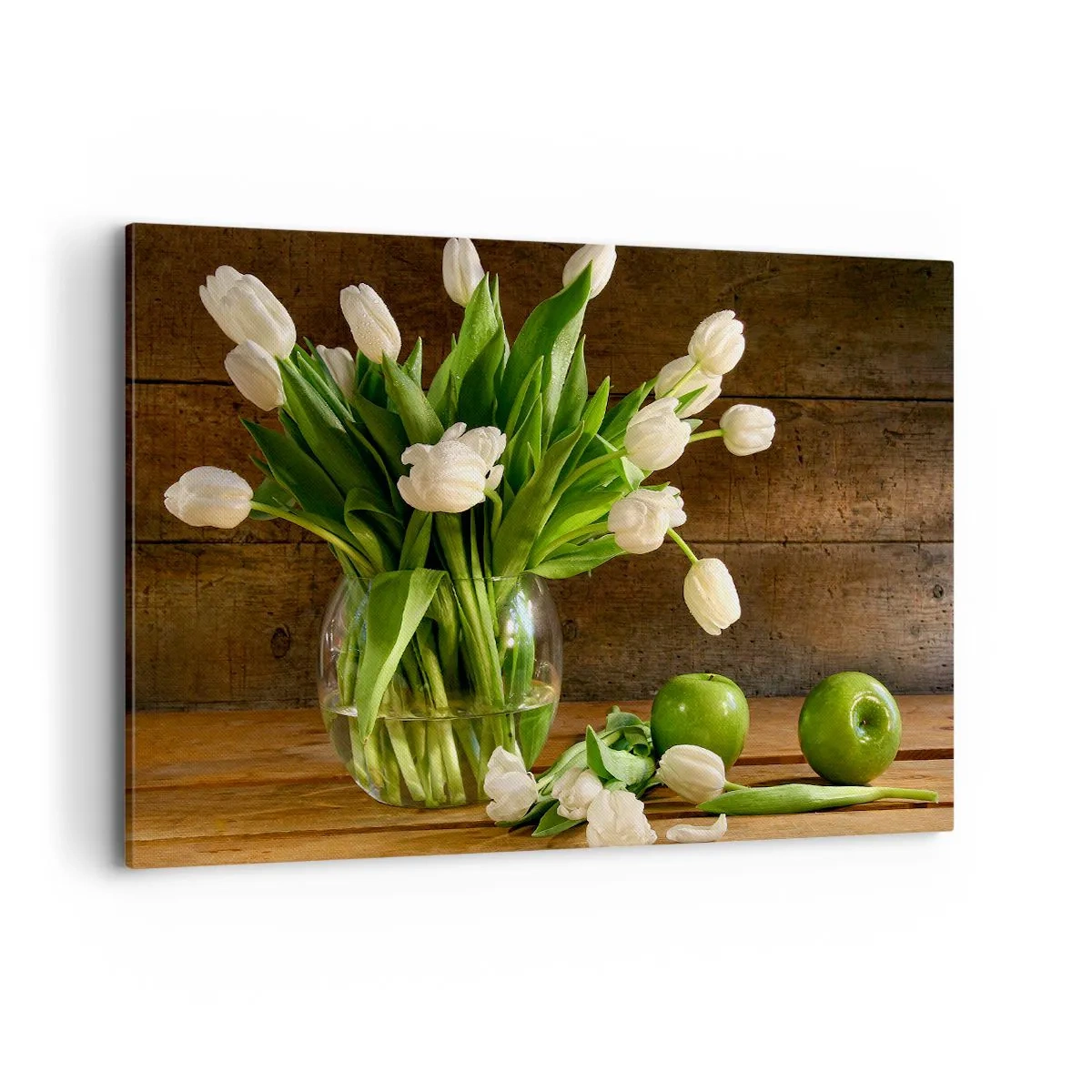 Impression sur toile - Image sur toile - Un bouquet de tulipes blanches dans un vase en verre avec des pommes vertes - 120x80cm - Juteux et frais en vert et blanc - Décoration murale moderne pour le salon et la chambre ARTTOR
