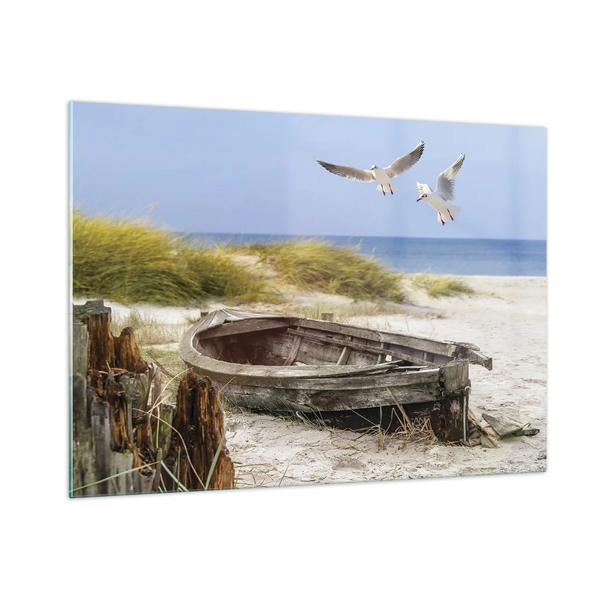 Impression sur verre - Image sur verre - Bateau en bois sur la plage avec des mouettes en vol - 100x70cm - Bain de vent - Décoration murale moderne pour le salon et la chambre ARTTOR